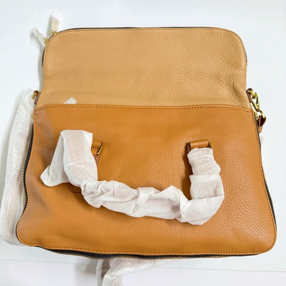 FOSSIL CAMEL TAN BROWN 2 TONE LEATHER ZIPPER CLOSE PRESTON SATCHEL TOTE BAG - Picture 4 of 13